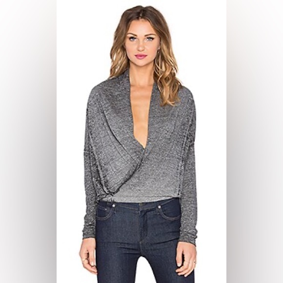 NSF Heathered Black Marled Acid Wash Cowlneck Surplice Plunge Blouse Top - Picture 3 of 11